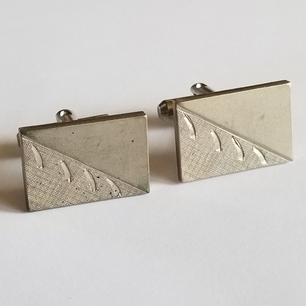 Vintage cuff links silver tone rectangular diagonal lines cufflinks mens jewelry